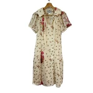 Collectif Vintage Floral Swallow Tea Dress Ivory Chiffon Womens UK 10 Retro